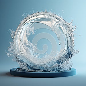3D Realistic Blue Podium with Circle Water Splashing Spiral. Generative AI
