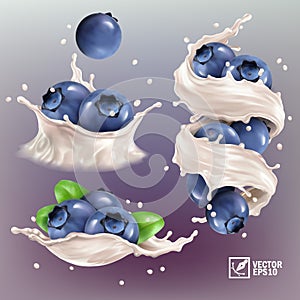 3D realistic blueberry set, lying heaps of berries with leaves, falling bilberries, splash of milk or yogurt with