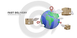 3d realistic cardboard boxes flying over the world map. Shipping and global logostic concept in cartoon style. Vector illustration