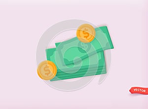 3d realistic cartoon gold coins and dollar banknote bundle. 3D Web Vector Illustrations