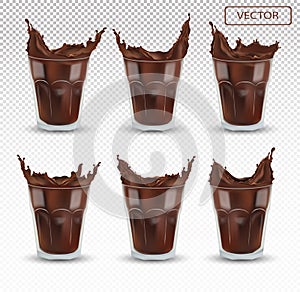 3D realistic chocolate splash in the transparent glass. Big collection cocoa or coffee. Chocolate drink, cocktail