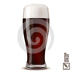 3D realistic cold glass of dark beer with lush flowing foam