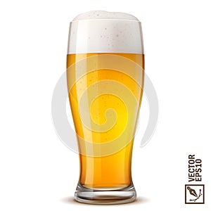 3D realistic cold glass of light beer with lush flowing foam