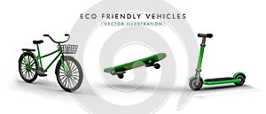 3d realistic electric scooter, bike and skateboard. Poster for company selling eco transport