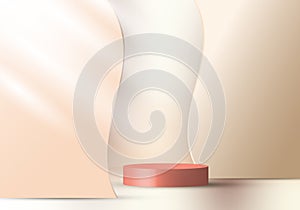 3D realistic elegant display brown cylinder pedestal podium on beige color wave liquid shape decorate backdrop