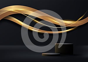 3D realistic empty black cylinder podium stand decoration with abstract elegant 3D golden wave lines shapes