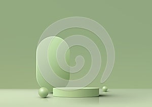 3D realistic empty green podium stand on green background decoration with rounded backdrop and sphere balls