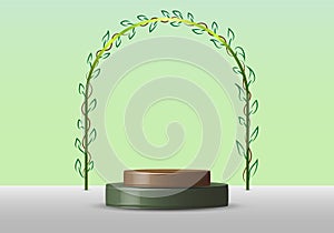 3D realistic empty green round pedestal mockup with rounded line border with leaves on soft green natural background nature