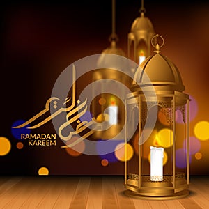 3D realistic fanoos lamp lantern decoration on the wood floor with bokeh background for ramadan kareem mubarak