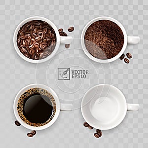 3d realistic four cups of coffee, with beans, instant, ground and empty cup