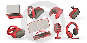 3d realistic gamer accessories and equipment set. VR glasses, laptop, steering wheel, shifter, monitor, keyboard, game pad,