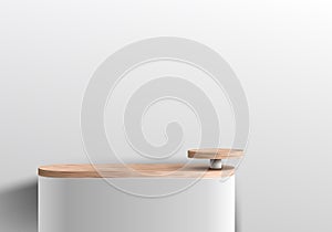 3D realistic geometric forms white and wood podium platform with wood shelf decoration minimal wall scene background