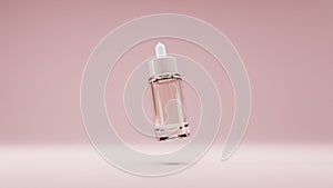 3d realistic glass bottle with pipette. Cosmetic vial for oil, liquid essential, collagen serum is isolated on pastel
