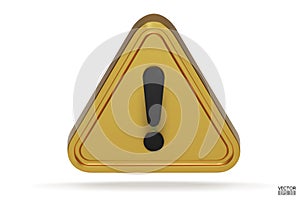 3d Realistic gold triangle warning sign isolated on white background. Hazard warning attention sign with exclamation mark symbol.