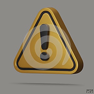 3d Realistic gold triangle warning sign isolated on white background. Hazard warning attention sign with exclamation mark symbol.