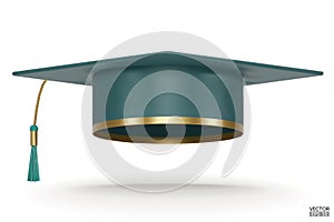 3D realistic green Graduation university or college cap isolated on white background. Graduate college, high school, Academic.