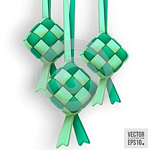 3D realistic green ketupat isolated on white background, used as design element for Ramadan and Eid al-Fitr celebrations