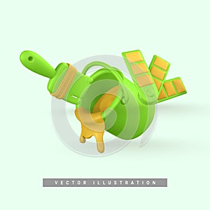 3d realistic green tin of yellow paint, color palette and paint brush in cartoon style. Customization concept. Vector illustration