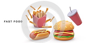 3d realistic Hamburger, Hot Dog, soda and fries potatoes on white background. Vector illustration