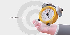 3d realistic hand holding yellow alarm clock. Advertising and promotion with alarm clock