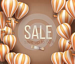 3d Realistic hot air balloon orange and beige color flyer or banner template for sale. Vector illustration