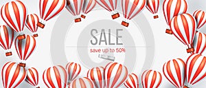 3d Realistic hot air balloon red and white color flyer or banner template for sale. Vector illustration