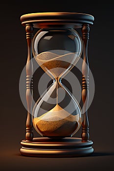 3d realistic hourglass with running sand inside on dark background. Wooden body in retro style. Time passing or countdown concept