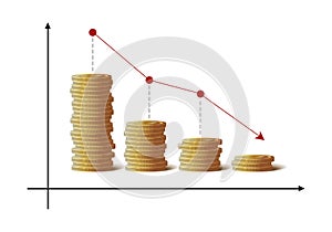 3d realistic icon. Gold coins chart going down.