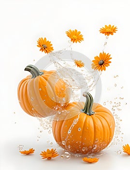 3D Realistic illustration of two pumpkins surrounded by water splashes and flowers