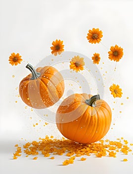 3D Realistic illustration of two pumpkins surrounded by water splashes and flowers