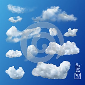 3D realistic isolated set of transparent different cumulus clouds