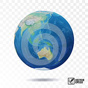 3D realistic, isolated vector earth, globe with view of the continents of Australia and Eurasia