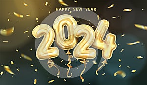 3d realistic isolated vector with gold gel balls as numbers two thousand and twenty four, 2024, dark background, New