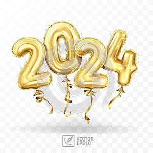 3d realistic isolated vector with gold gel balls as numbers two thousand and twenty four, 2024, white background