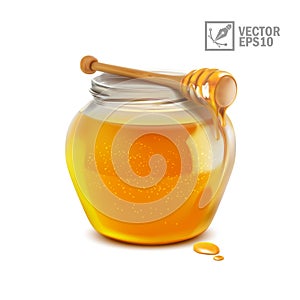 3d realistic isolated vector honey jar and stick with liquid honey flowing in a puddle