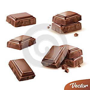 3d realistic isolated vector icon set, pieces of milk or dark chocolate with crumbs, movable