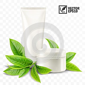 3d realistic isolated vector mockup, jar and tube with cosmetic cream, tea or mint leaves