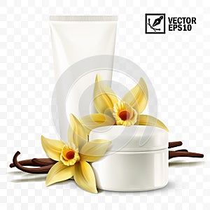 3d realistic isolated vector mockup, jar and tube with cosmetic cream, yellow vanilla flowers and sticks