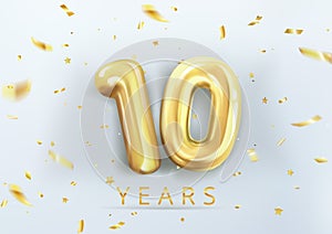 3d realistic isolated vector with number ten, 10, gold helium balloons for your design decoration, party, birthday, ads