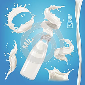 3D realistic isolated vector set, different bursts of milk, yoghurt or cream, transparent bottle with a splash, flowing