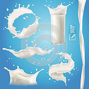 3D realistic isolated vector set, different bursts of milk, yoghurt or cream, transparent glass with a splash, flowing stream,