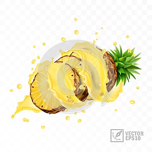 3d realistic isolated vector set of pineapple with juice splash, half pineapple with leaves and splash, falling