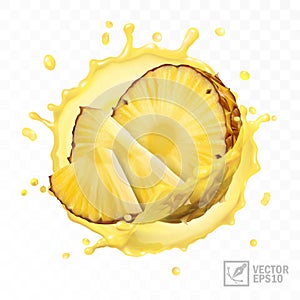 3d realistic isolated vector set of pineapple with juice splash, slices in pineapple juice and pineapple pieces a half