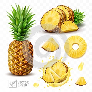 3d realistic isolated vector set of pineapple with juice splash, whole pineapple with leaves and splash with drops