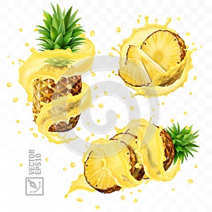 3d realistic isolated vector set of pineapple with juice splash, whole pineapple with leaves and splash, falling pineapple slices