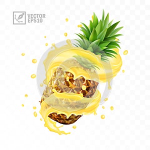 3d realistic isolated vector set of whole falling pineapple with juice splash