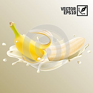 3d realistic isolated vector, splash milk or yogurt peeled banana fruit, editable handmade mesh