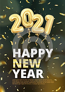 3d realistic isolated vector vertical banner, golden gel balls arranged as a number two thousand twenty one, 2021, New
