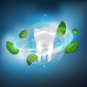 3D realistic isolated vector vortex of mint leaves around a white tooth