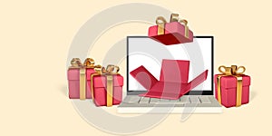 3d realistic laptop with open gift box on light background. Surprise inside. Vector illustration